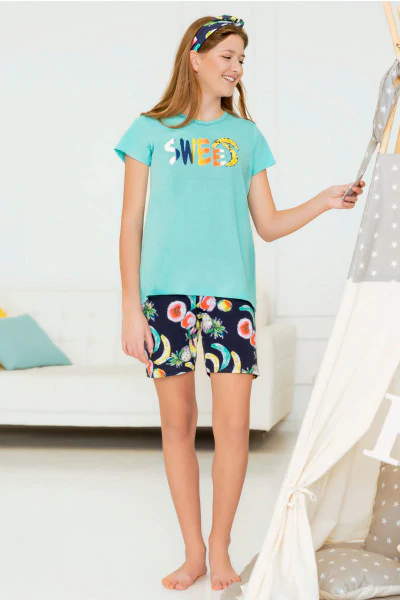 Fruit piżama dziewczęca krótki rękaw, krótkie spodnie turkusowy