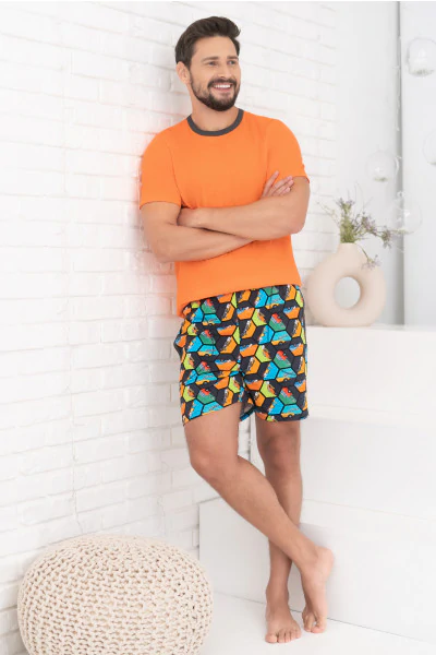 Komiks piżama męska krótki rękaw, krótkie spodnie pomarańcz