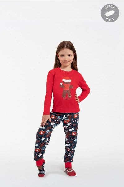 Makala piżama dziecięca długi rękaw, długie spodnie czerwona